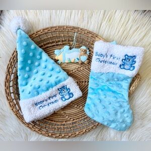 Baby’s First Christmas Baby Blue White Santa Hat, Stocking, Ornament Bundle